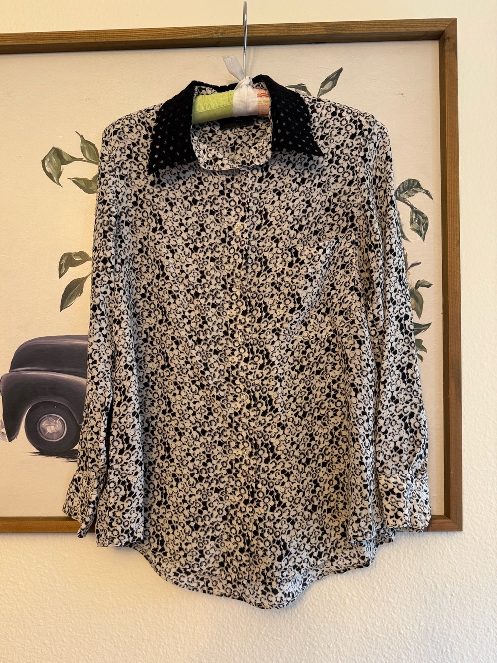 Women’s Silk Blouse Long Sleeve Button-Up Top w Unique Collar Silk Wool Designer